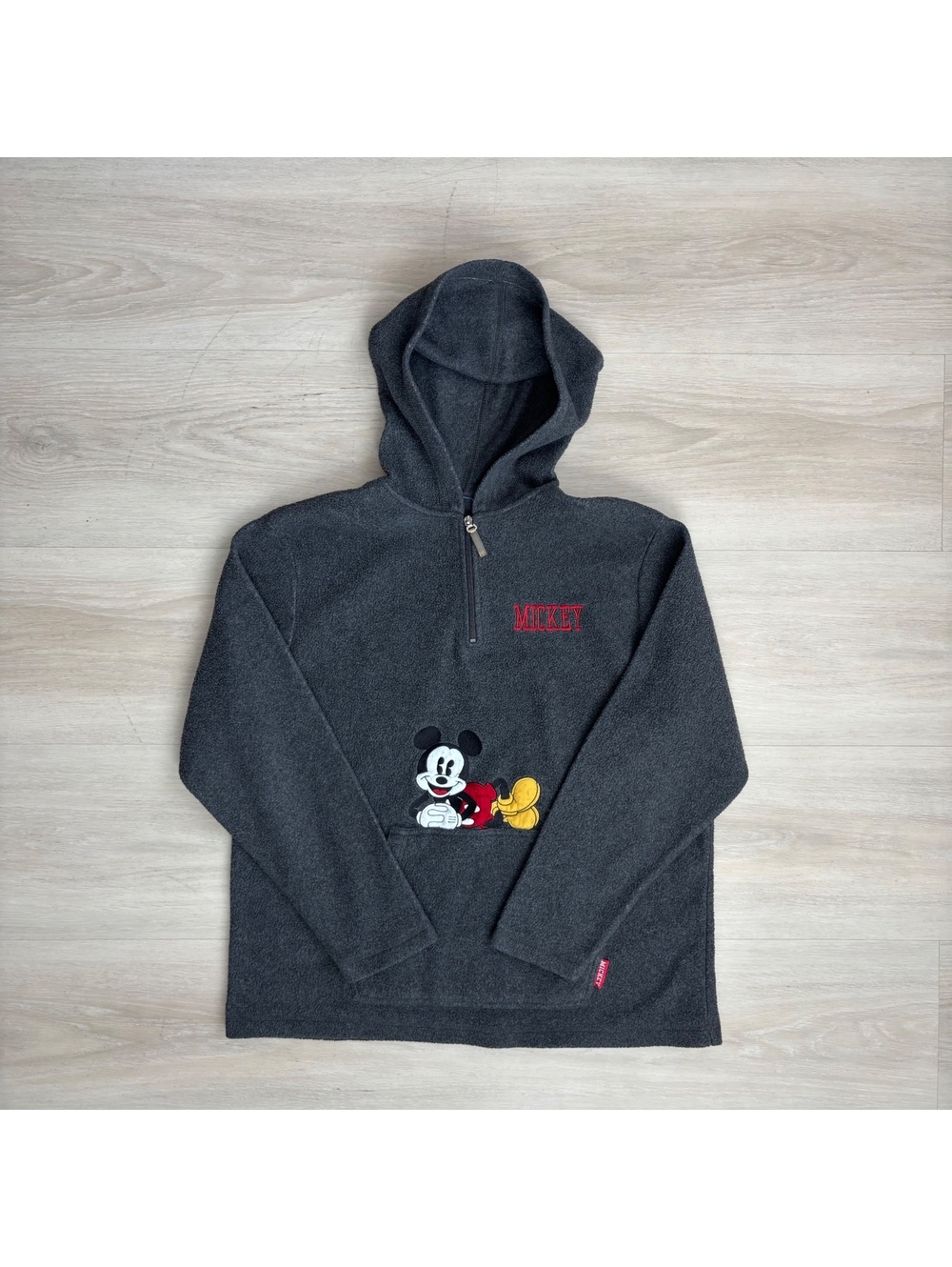 Disney Mickey Mouse Fleece Hoodie Gray Embroidered 1/4 Zip Pullover Y2K